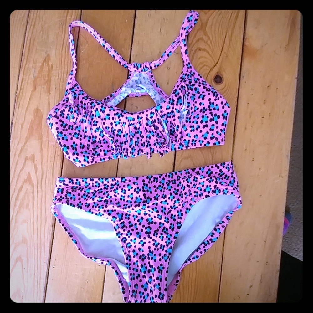 Pink blue leopard 2 piece swim suit